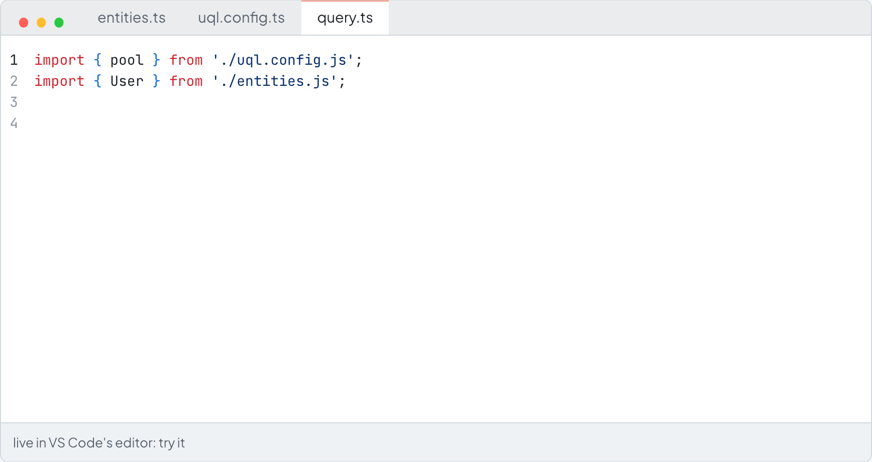 A UQL query being typed: the compiler underlines the misspelled 'emial', then 'titel' three levels deep inside $populate, then '$like' on a numeric column